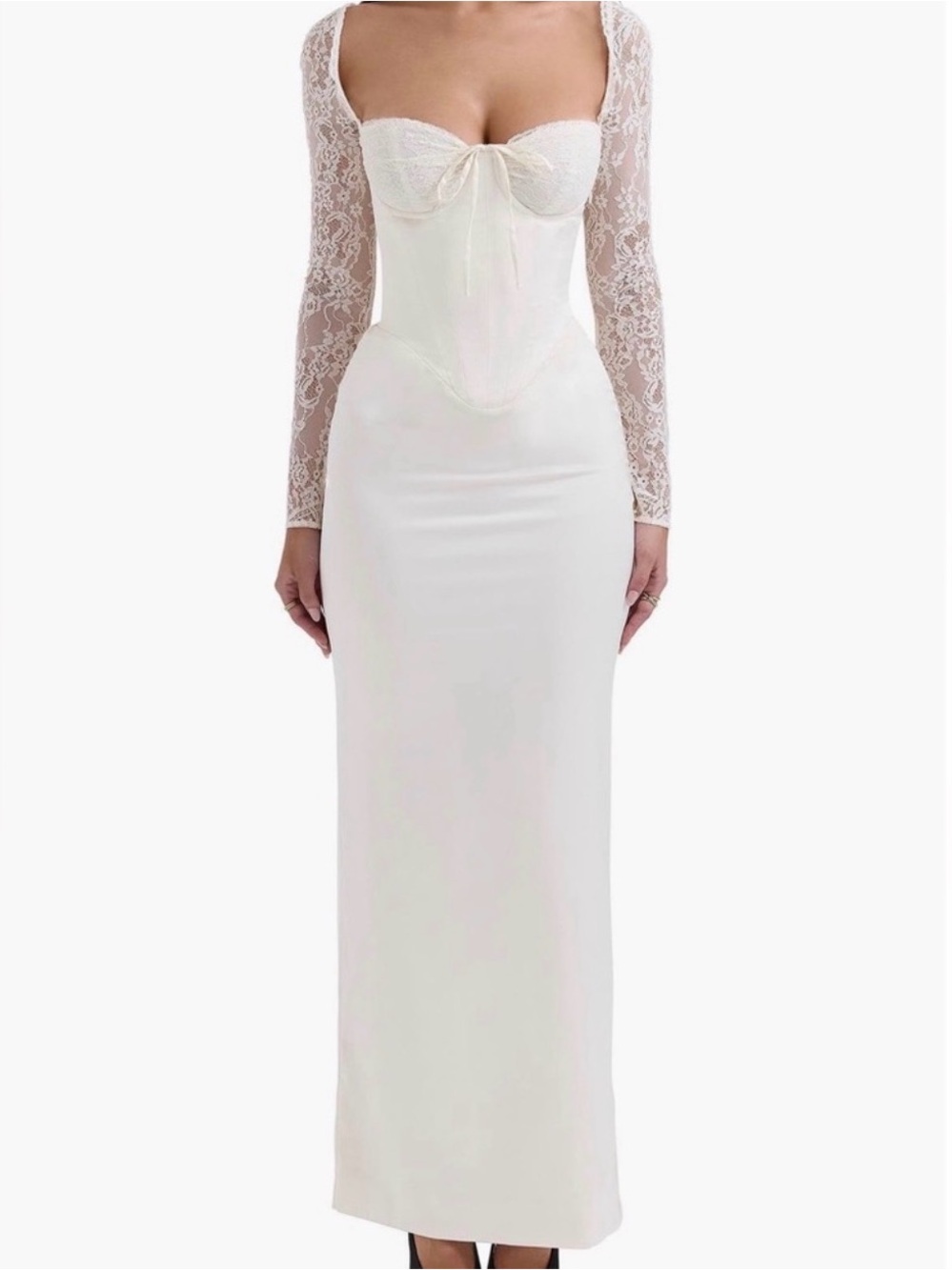 House of CB Ivory Lace-Sleeve Corset Maxi Dress